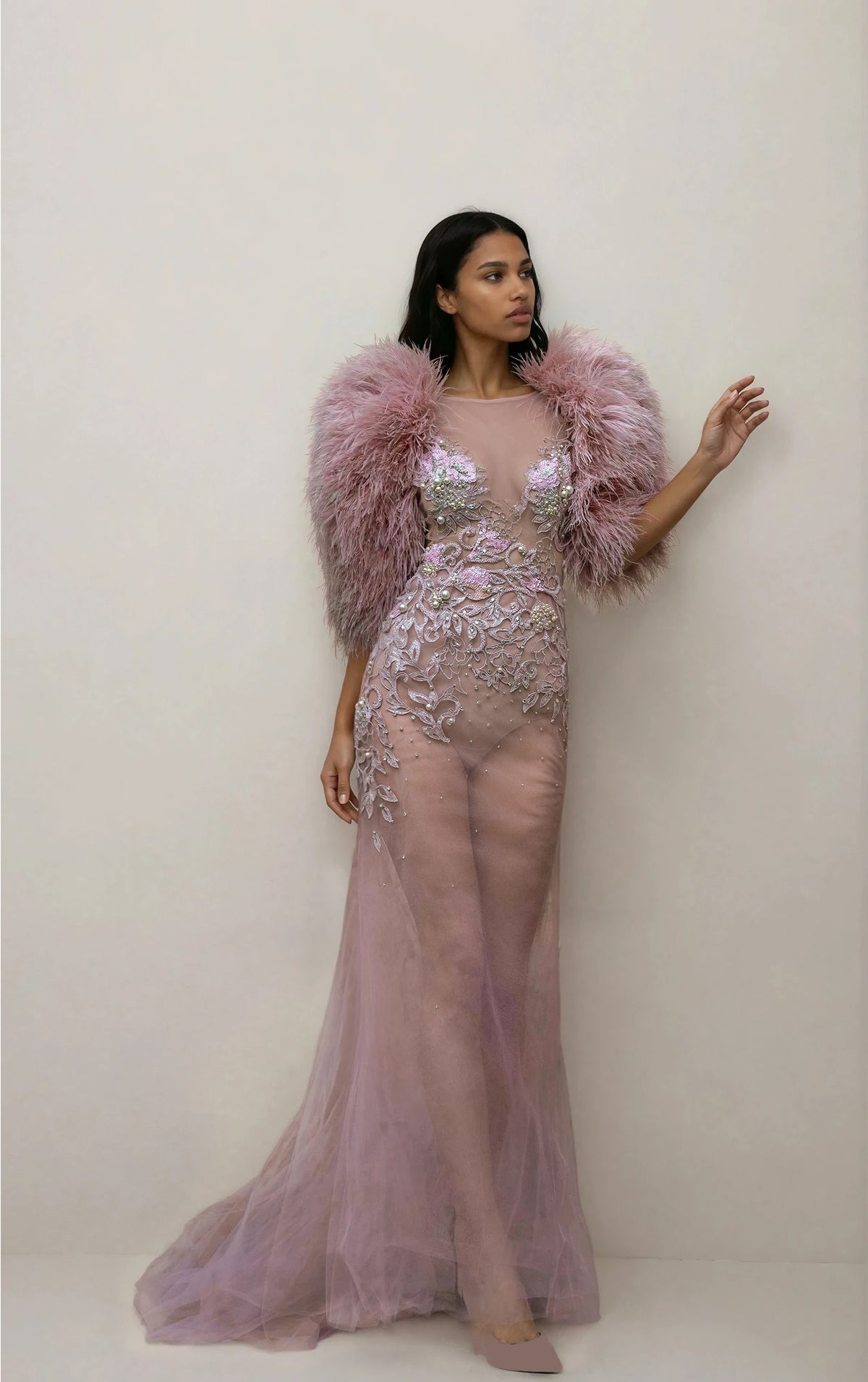 BLUSH FEATHER EMROIDERED BRIDAL GOWN