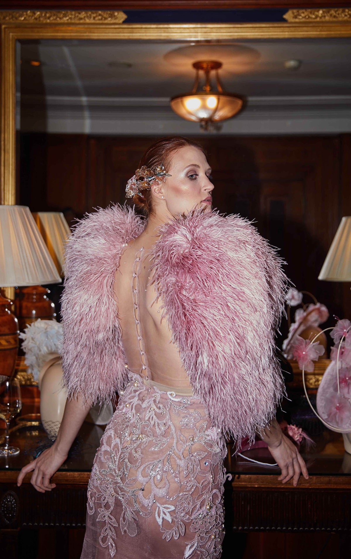BLUSH FEATHER EMROIDERED BRIDAL GOWN