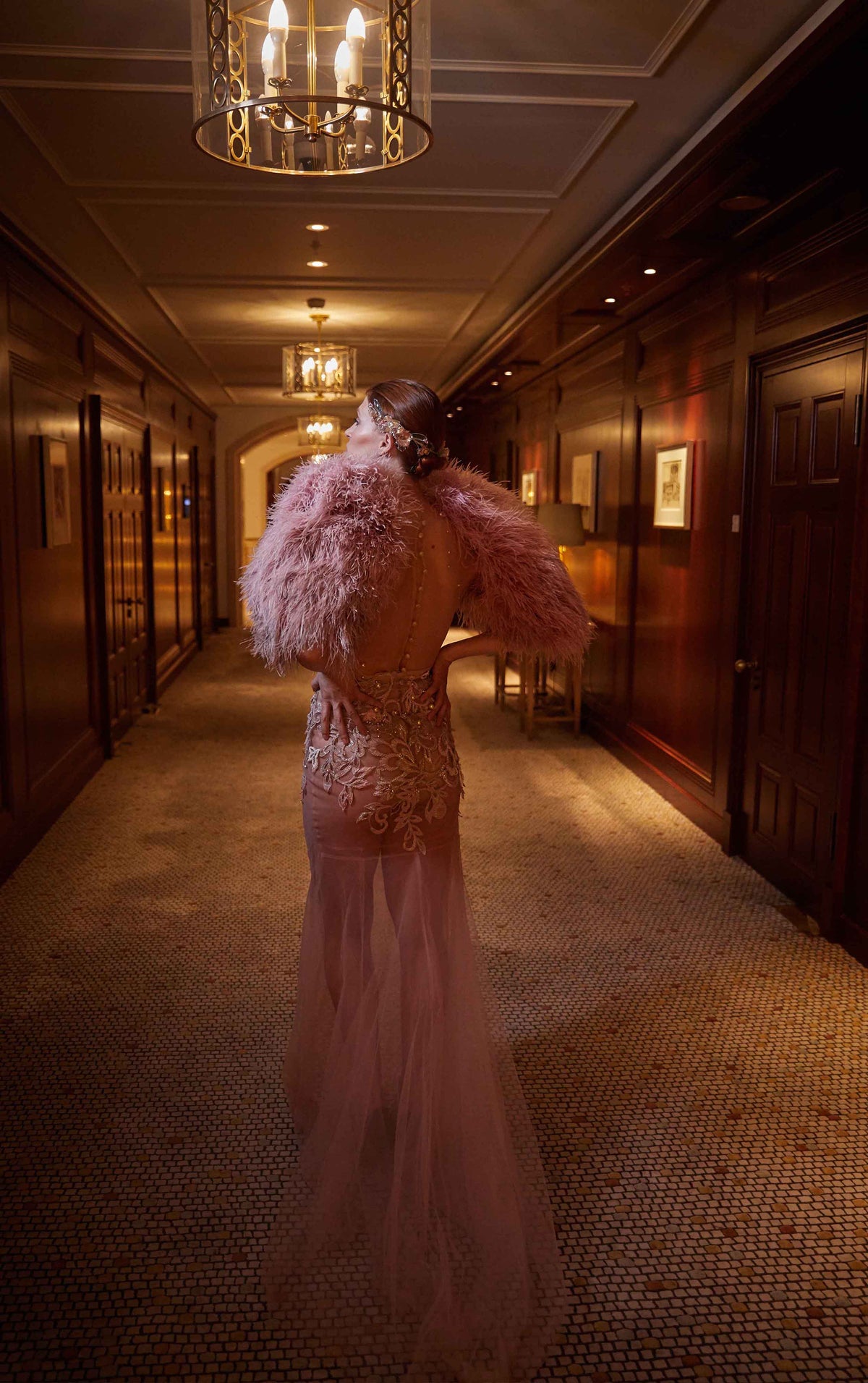 BLUSH FEATHER EMROIDERED BRIDAL GOWN