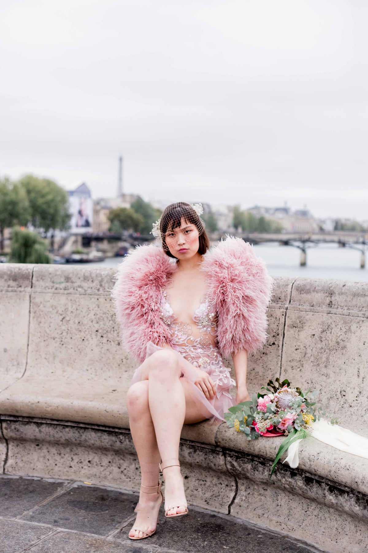 MINI BRIDAL BLUSH FEATHER EMROIDERED DRESS