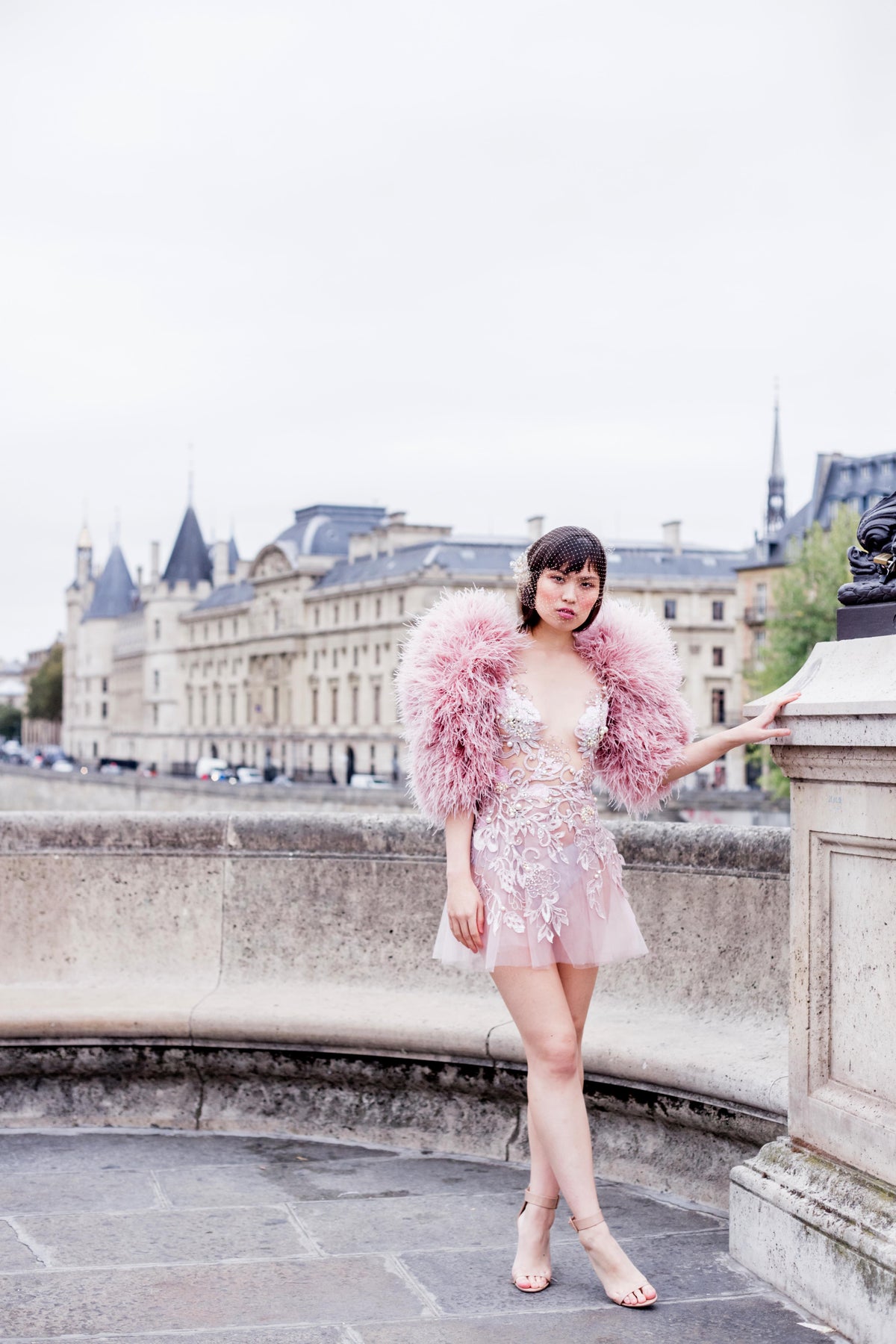 MINI BRIDAL BLUSH FEATHER EMROIDERED DRESS