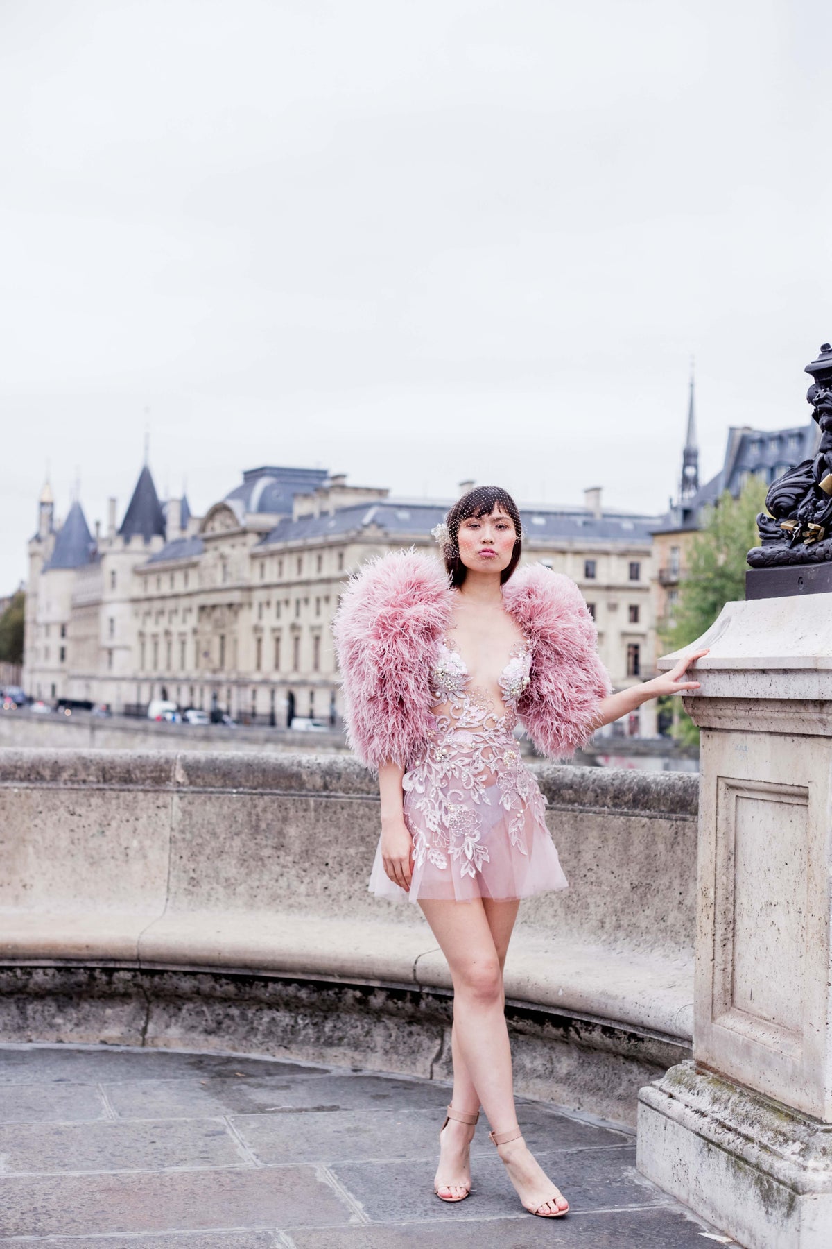 MINI BRIDAL BLUSH FEATHER EMROIDERED DRESS