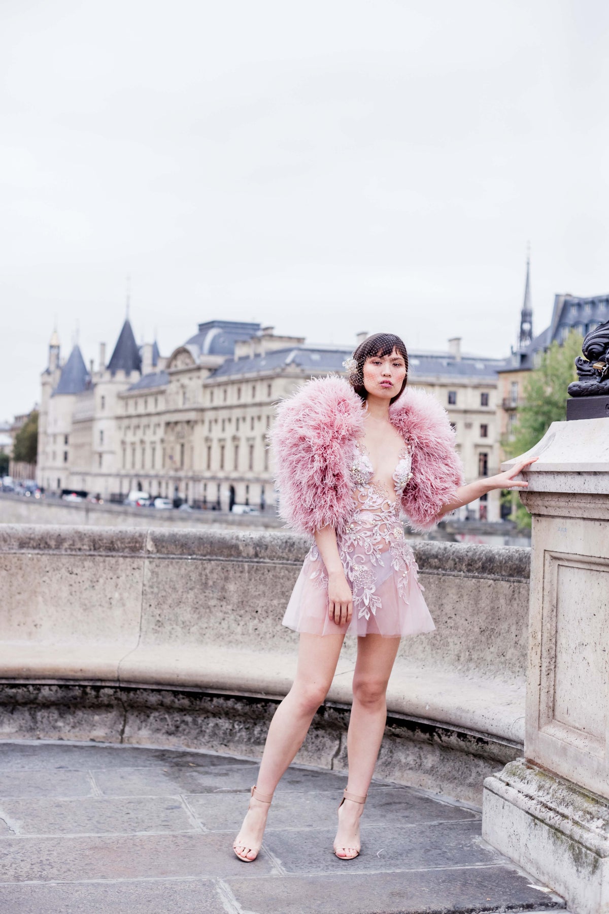 MINI BRIDAL BLUSH FEATHER EMROIDERED DRESS