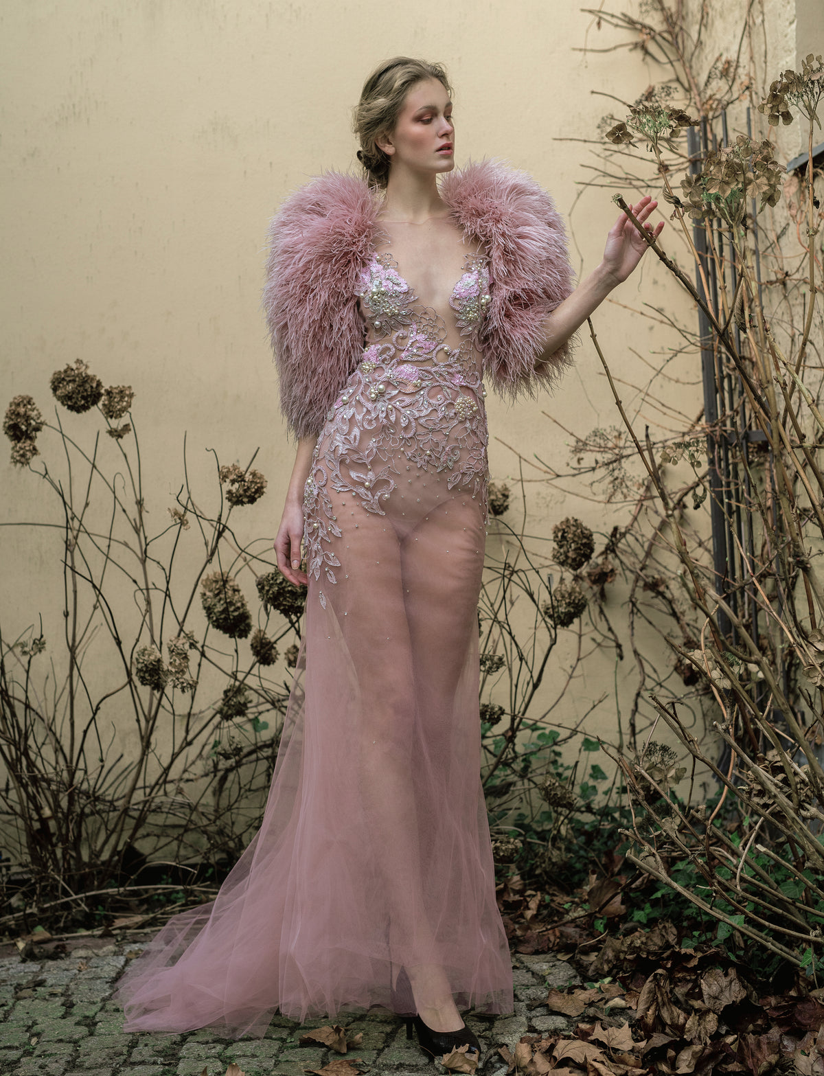 BLUSH FEATHER EMROIDERED BRIDAL GOWN