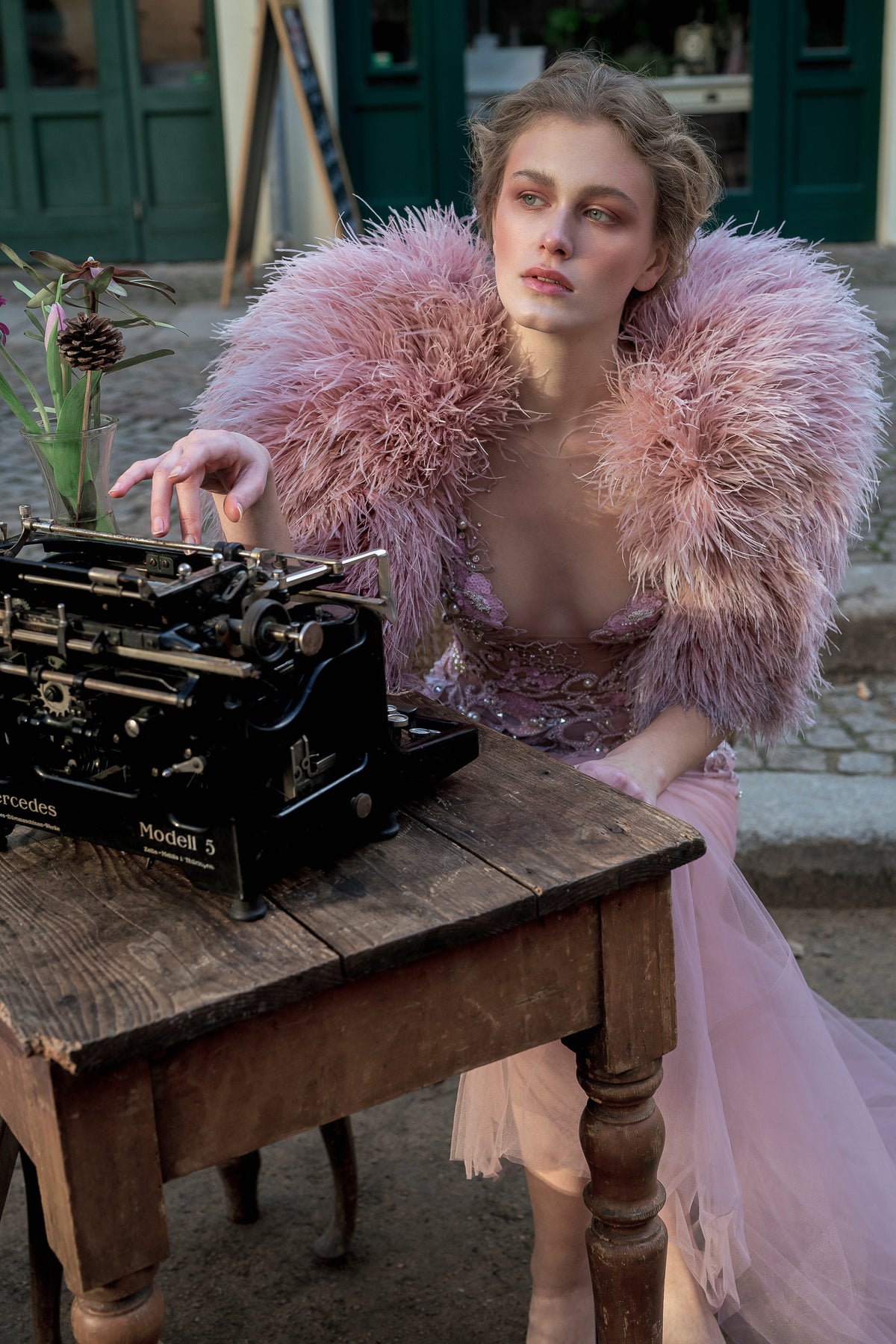 BLUSH FEATHER EMROIDERED BRIDAL GOWN
