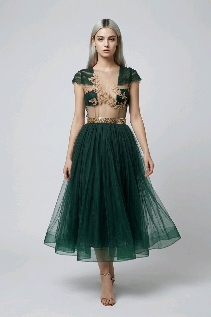 DARK GREEN SILK ORGANSA EMBROIDERED COCKTAIL DRESS