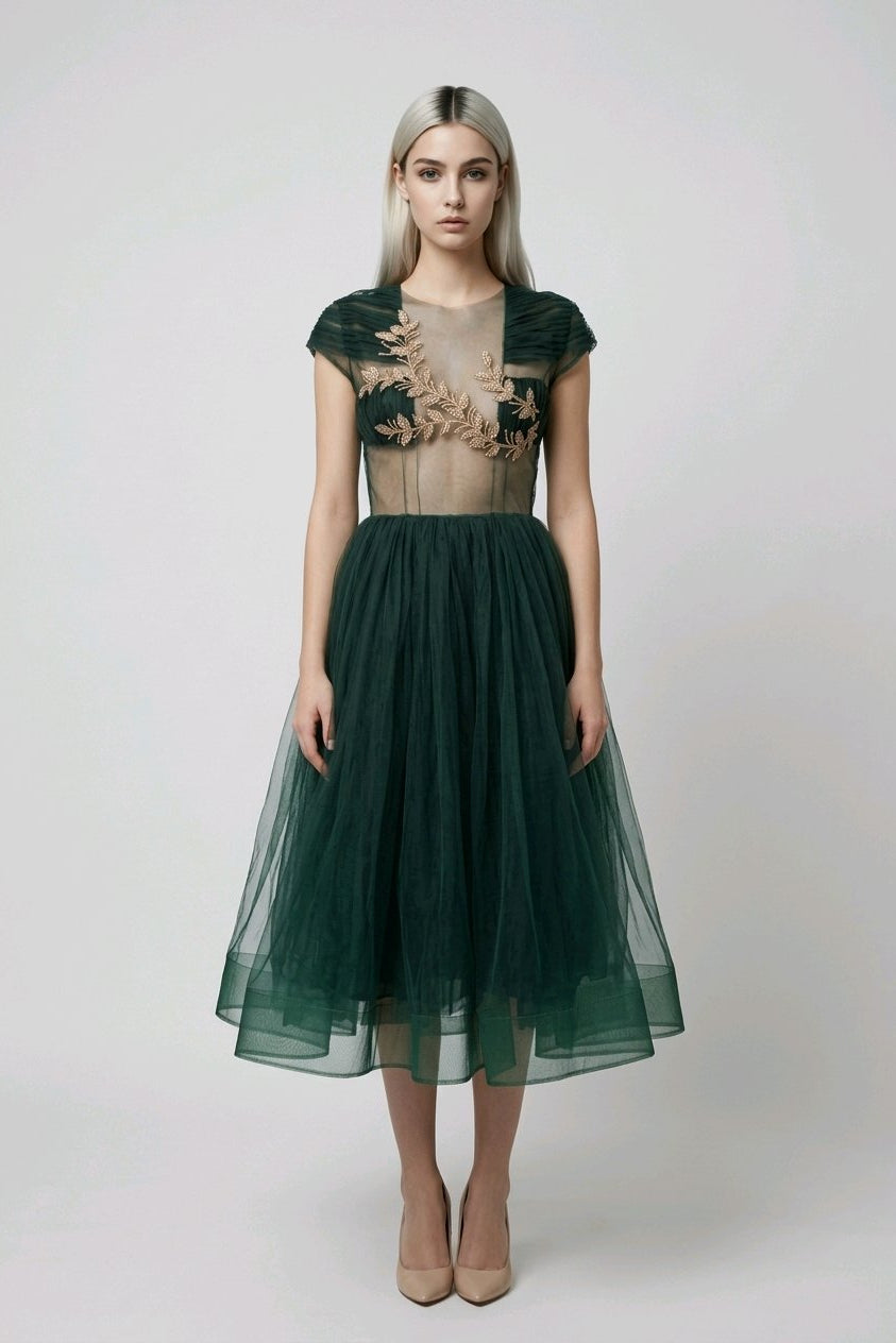 DARK GREEN SILK ORGANSA EMBROIDERED COCKTAIL DRESS
