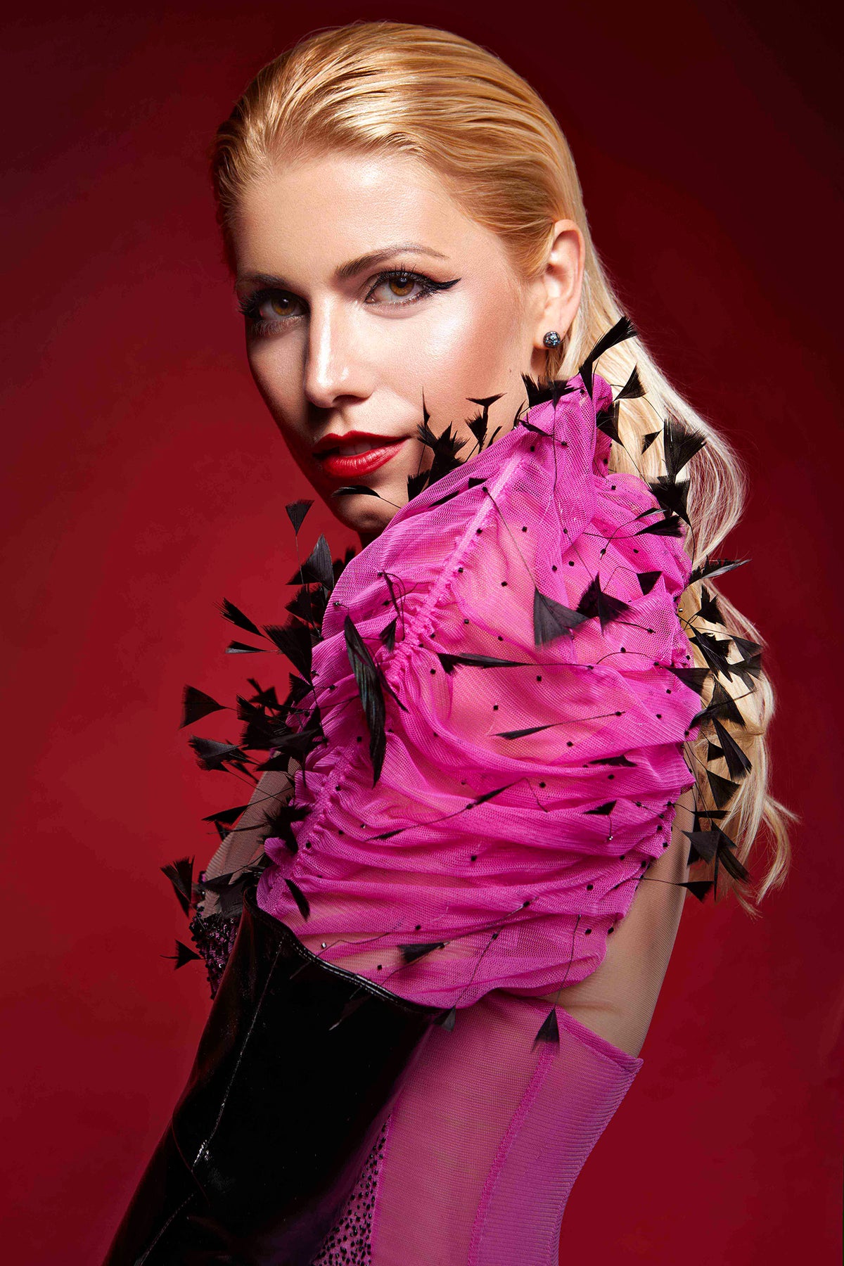 FUCHSIA BLACK FEATHER MIDI COCKTAIL DRESS