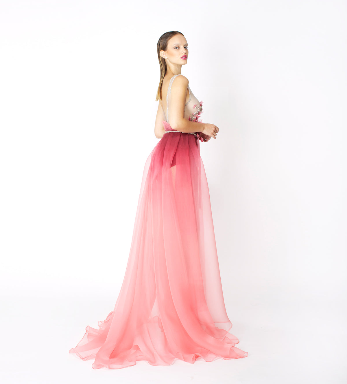 RED PINK SILK ORGANZA LONG GOWN