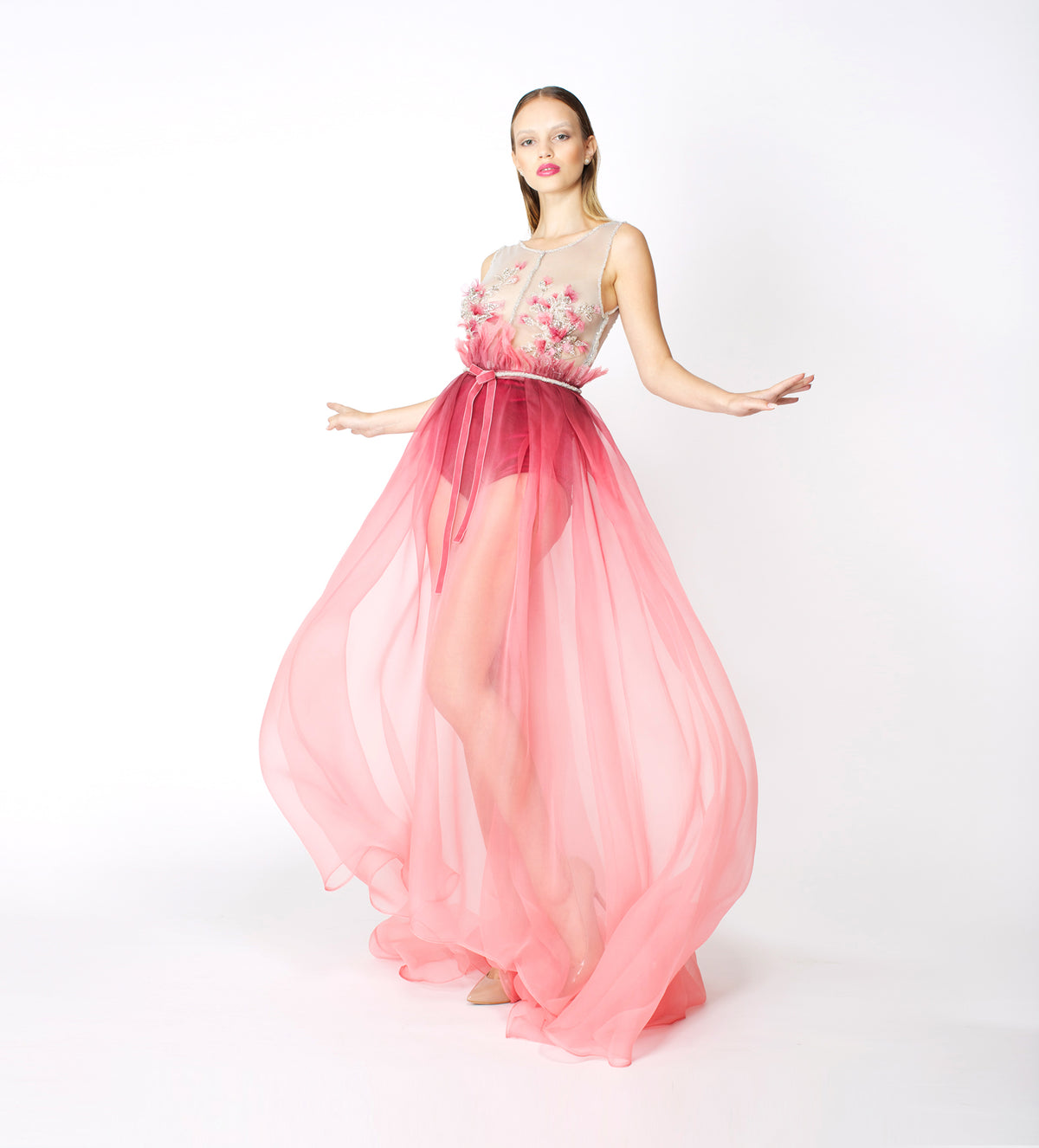 RED PINK SILK ORGANZA LONG GOWN