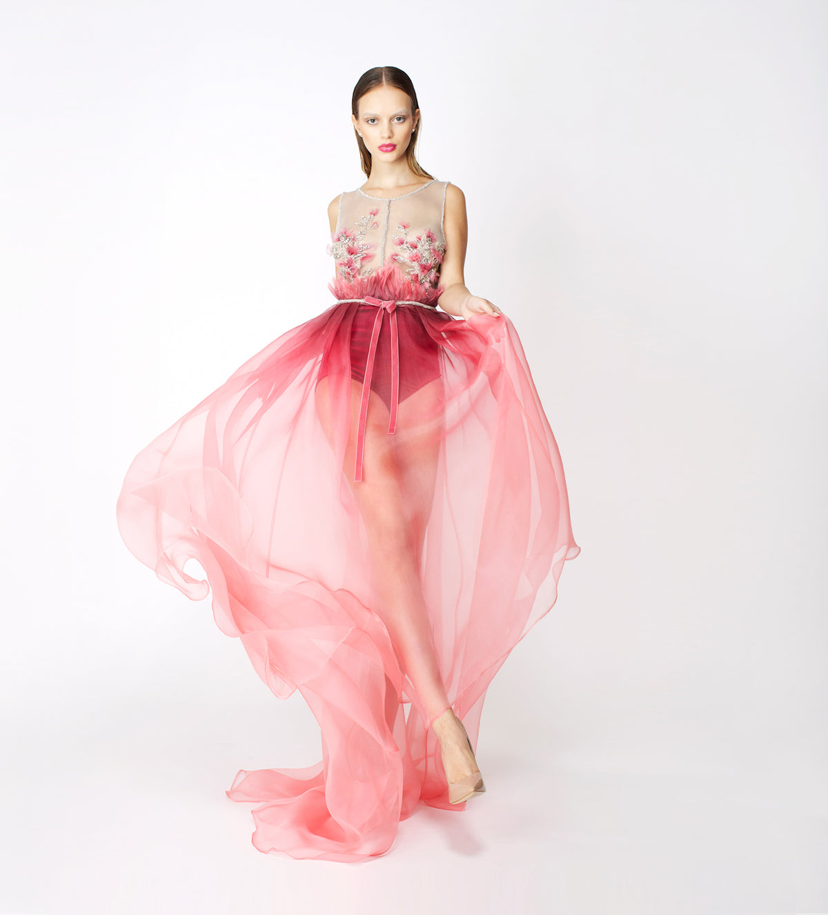 RED PINK SILK ORGANZA LONG GOWN