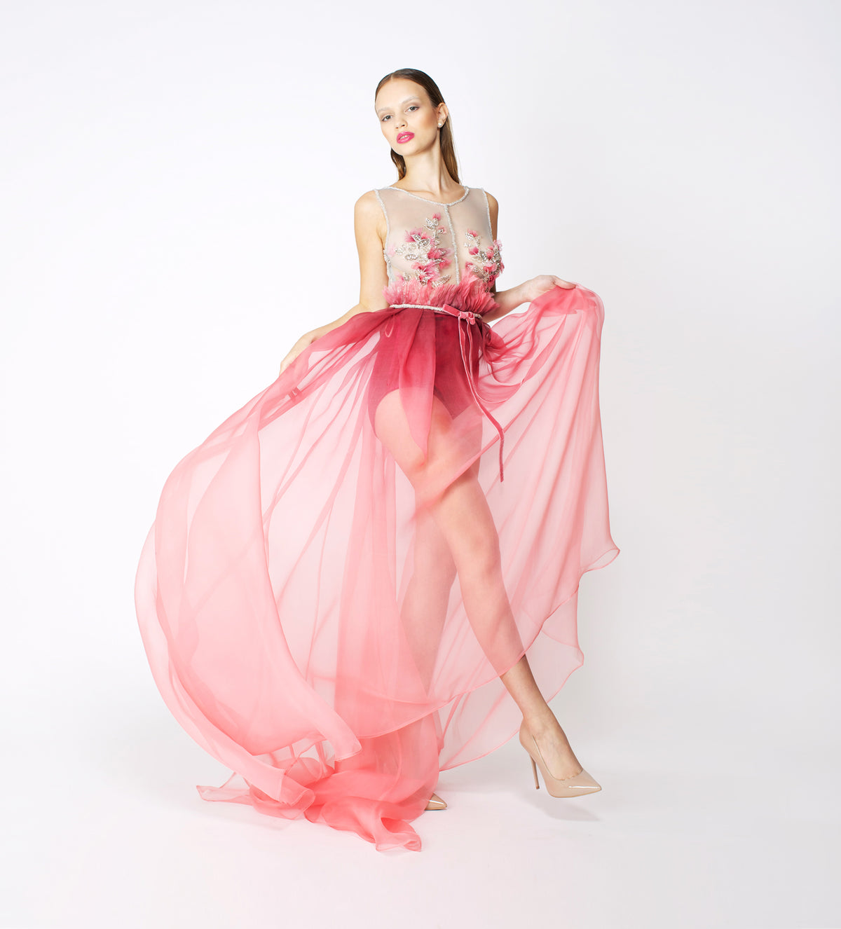 RED PINK SILK ORGANZA LONG GOWN
