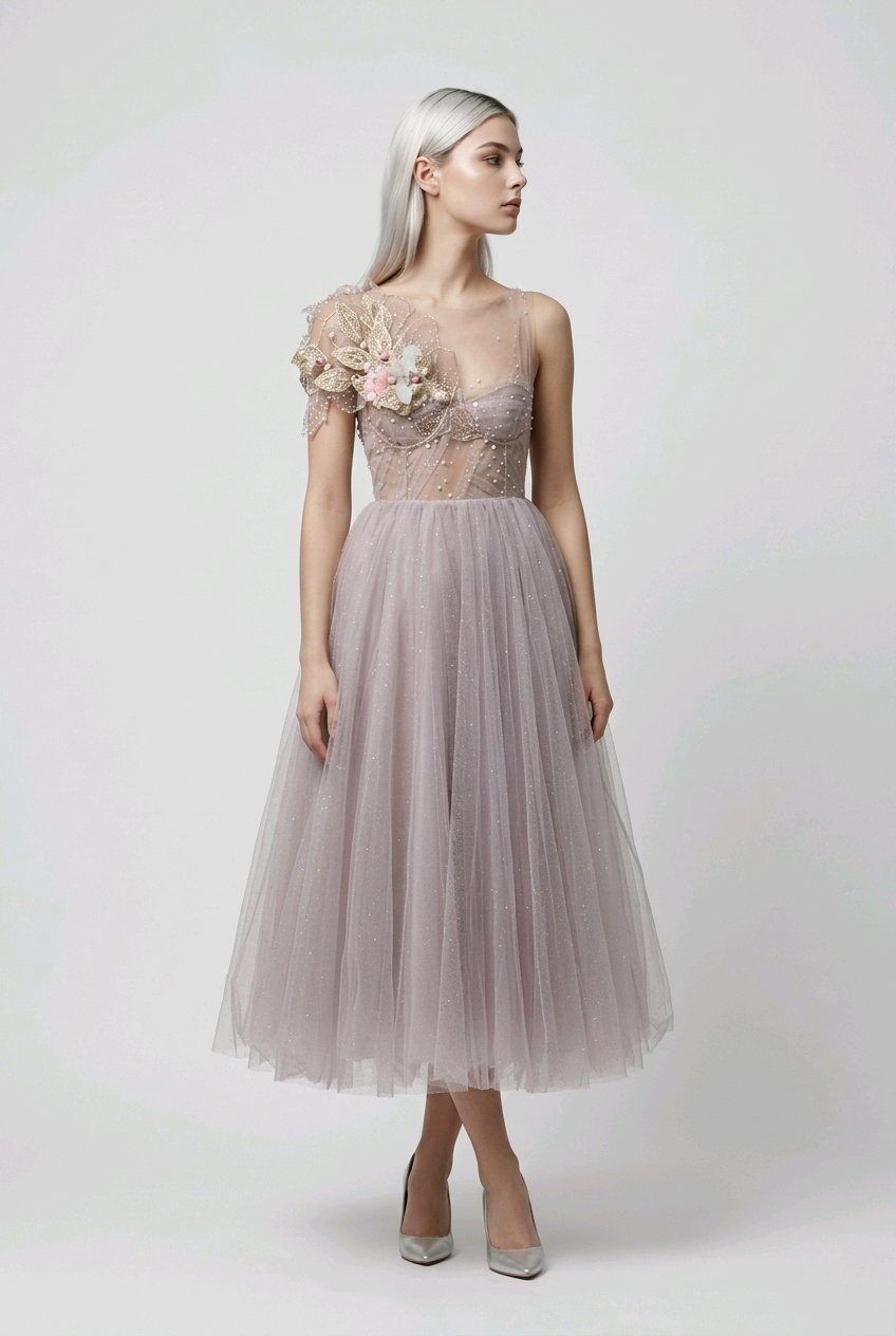 LIGHT LAVANDEL GOLD EMBROIDERED COCKTAIL DRESS