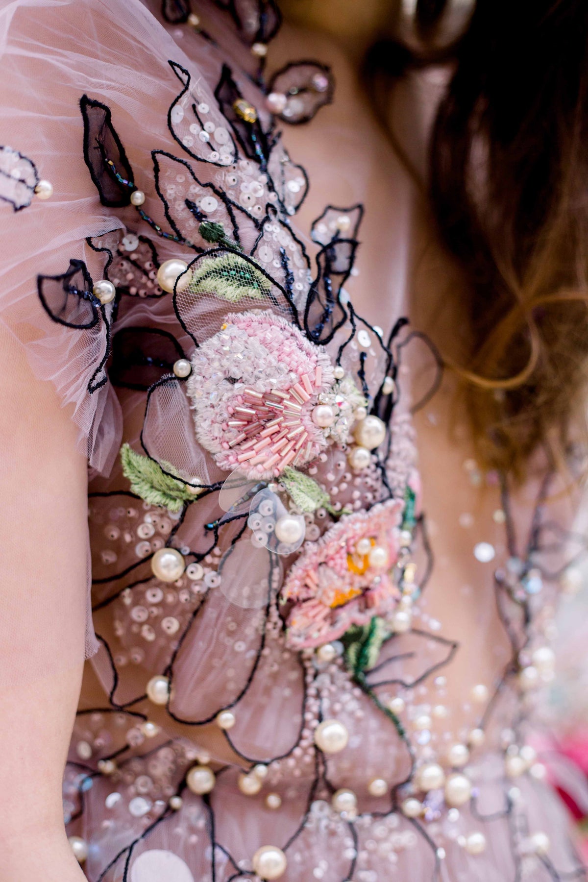 LAVANDEL BLACK LEAVES EMBROIDERED BRIDAL COCKTAIL DRESS