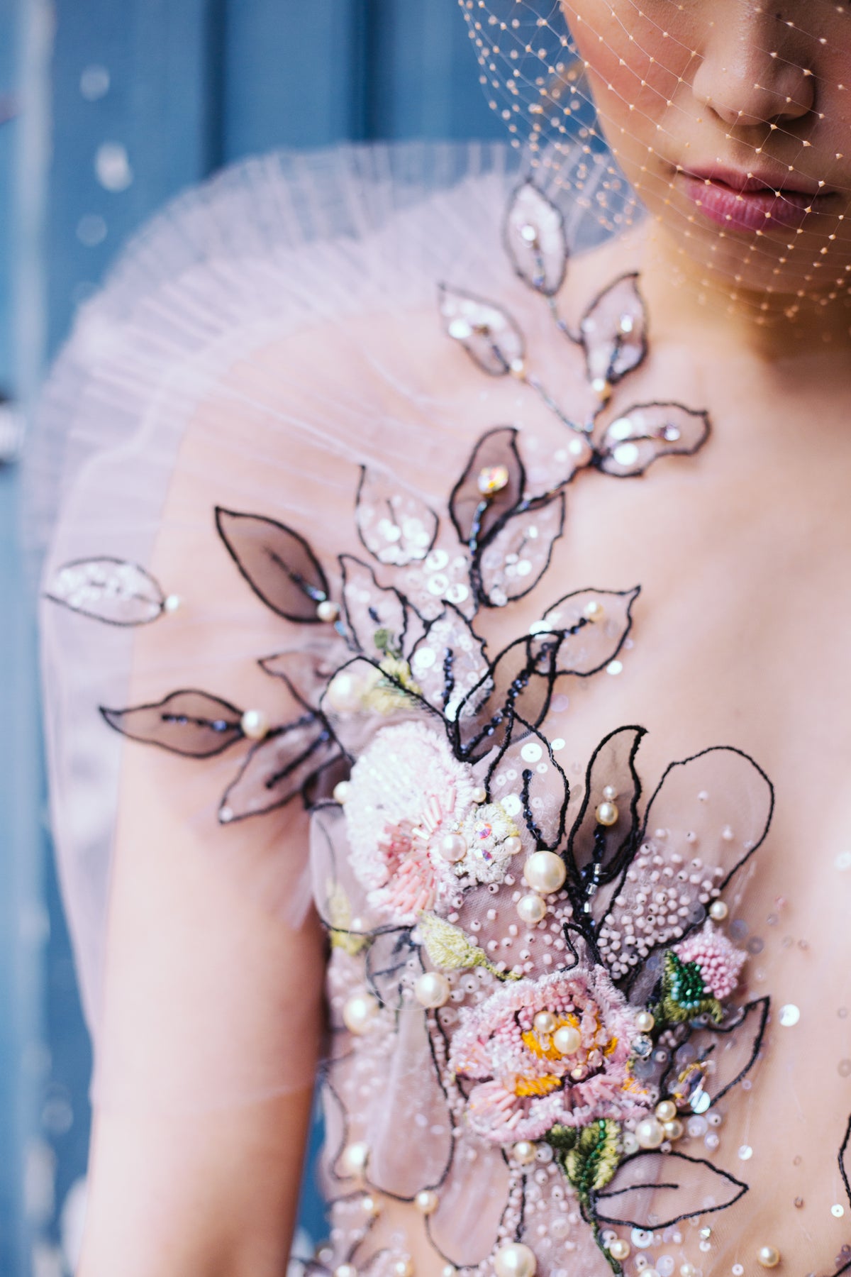 LAVANDEL BLACK LEAVES EMBROIDERED BRIDAL COCKTAIL DRESS