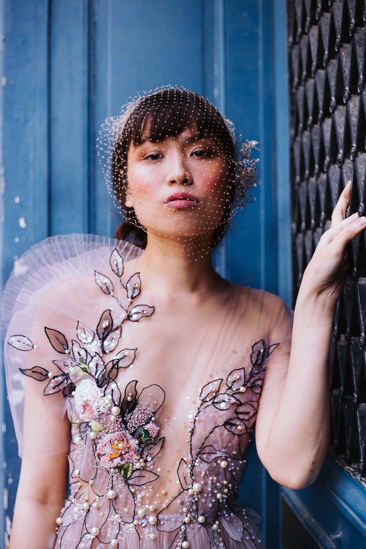 LAVANDEL BLACK LEAVES EMBROIDERED BRIDAL COCKTAIL DRESS