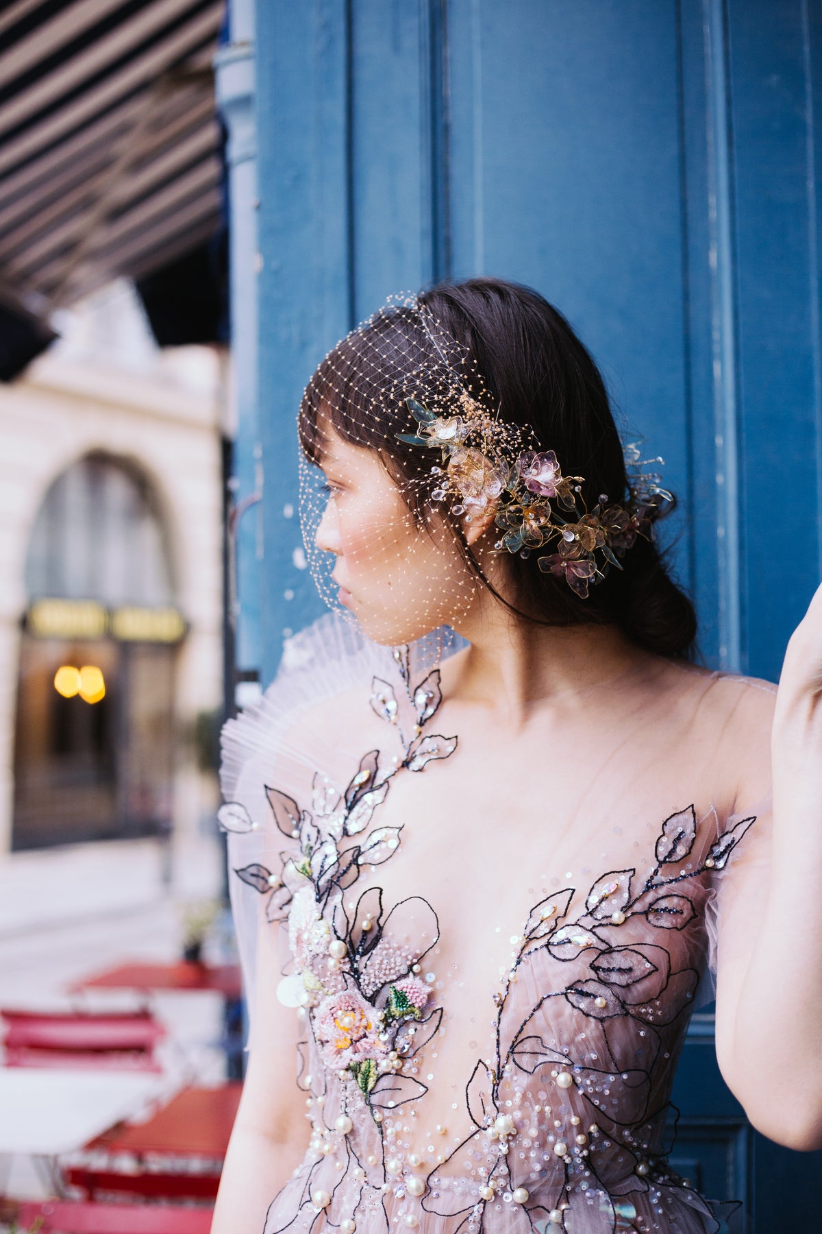 LAVANDEL BLACK LEAVES EMBROIDERED BRIDAL COCKTAIL DRESS