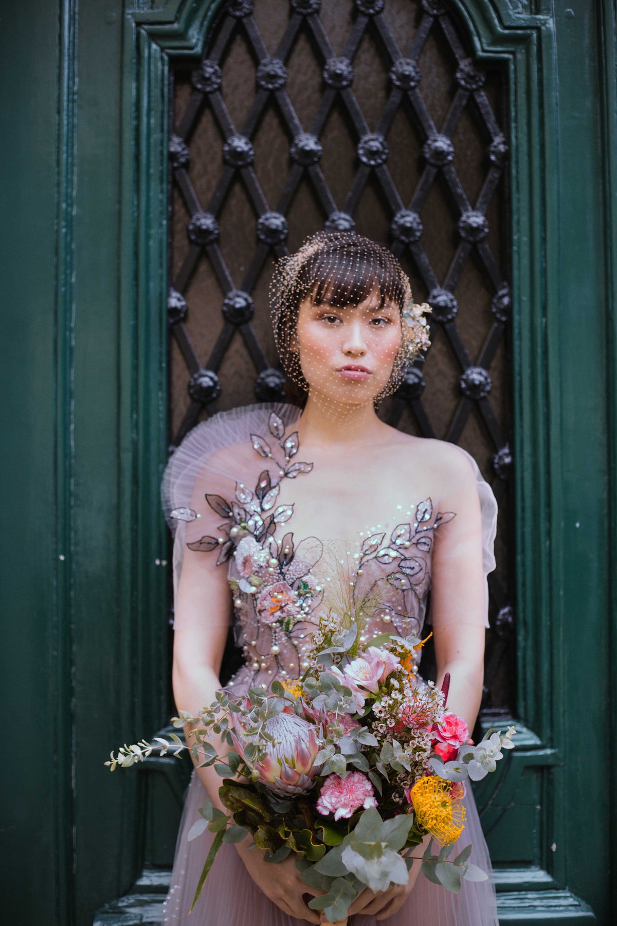 LAVANDEL BLACK LEAVES EMBROIDERED BRIDAL COCKTAIL DRESS