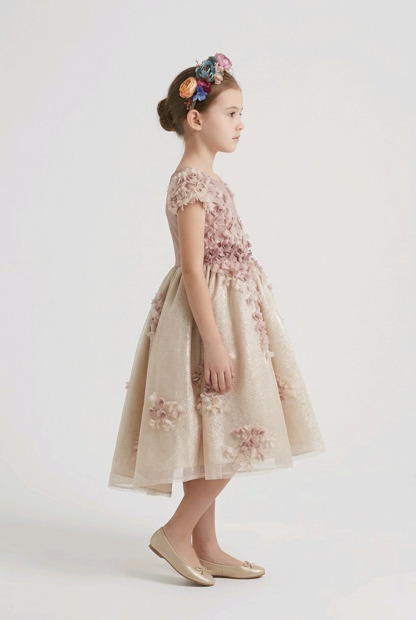 GOLD BLUSH EMBROIDERED FLOWERGIRL WEDDING BIRTHDAY DRESS