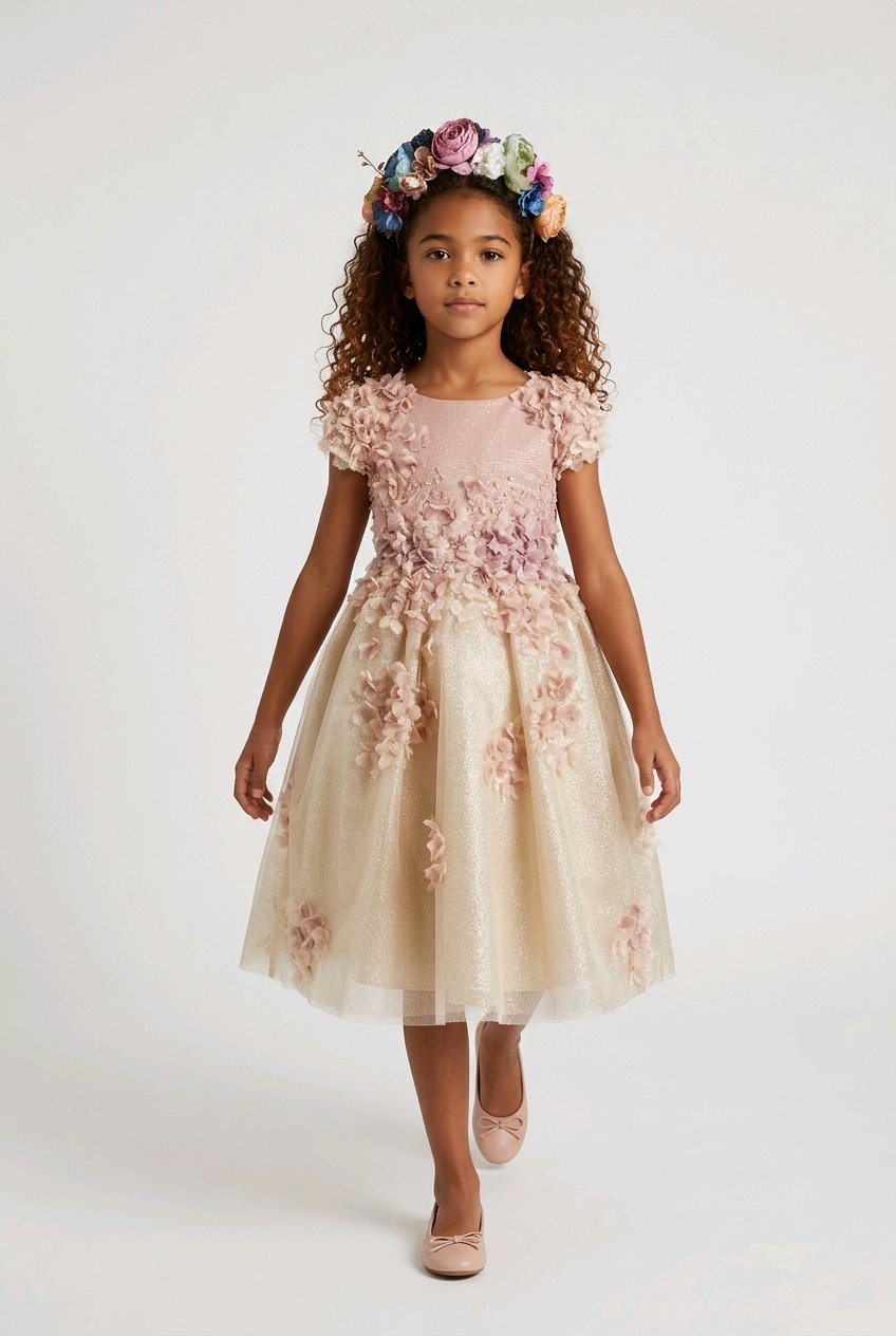 GOLD BLUSH EMBROIDERED FLOWERGIRL WEDDING BIRTHDAY DRESS