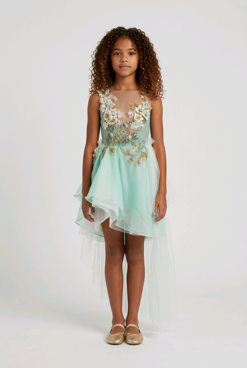 LIGHT MINT GOLD FLOWERS EMBROIDERED BIRTHDAY DRESS