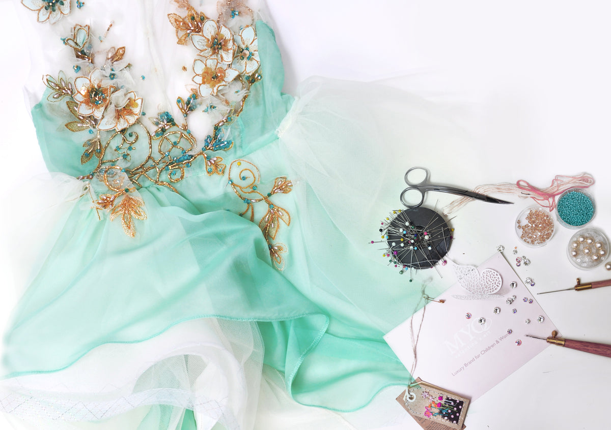 LIGHT MINT GOLD FLOWERS EMBROIDERED BIRTHDAY DRESS