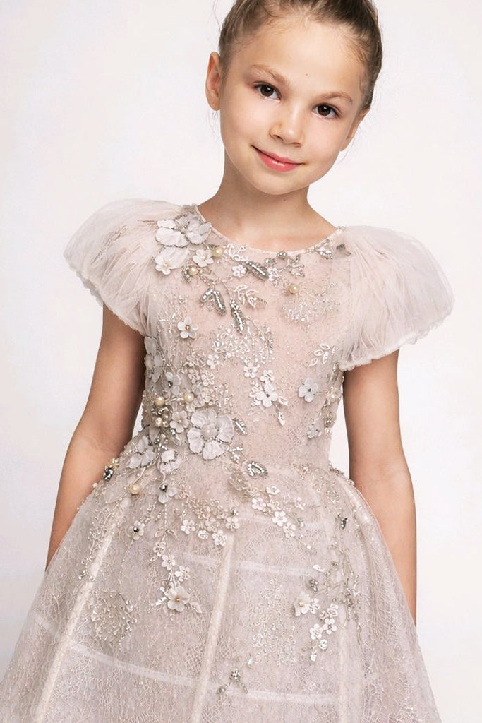 WHITE SIVER EMBROIDERED FLOWERGIRL DRESS