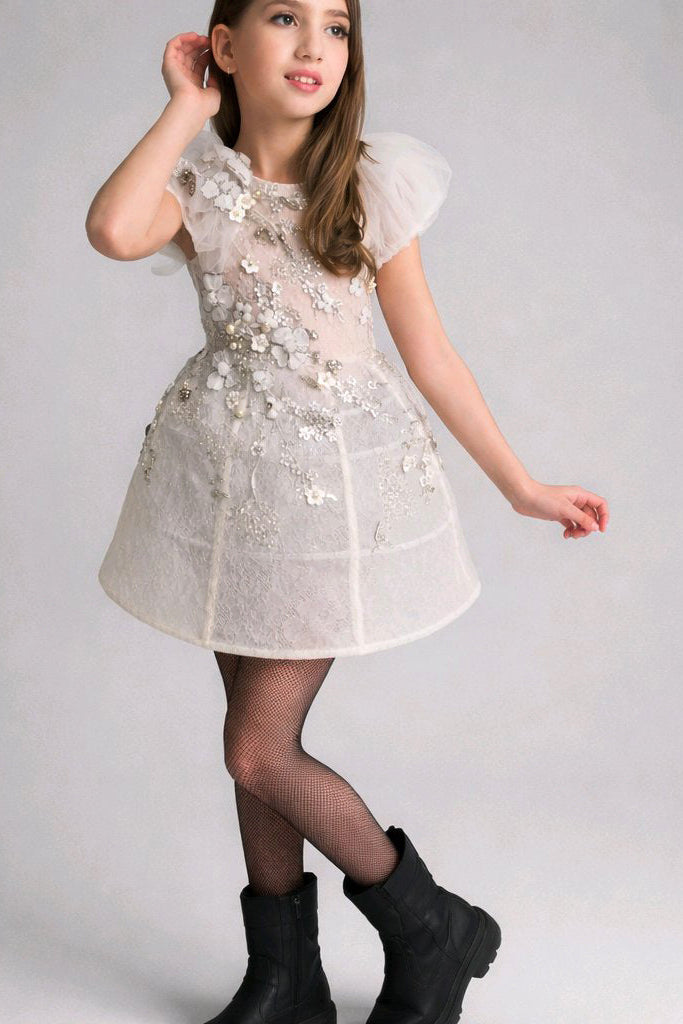 WHITE SIVER EMBROIDERED FLOWERGIRL DRESS