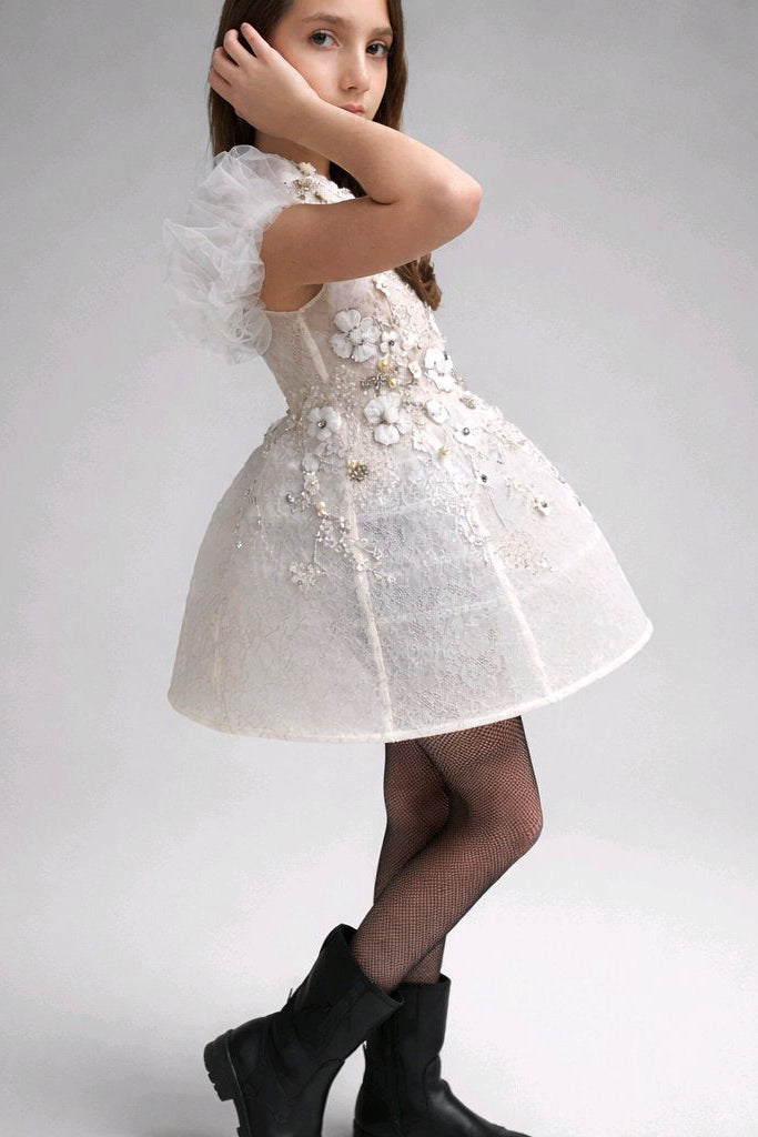 WHITE SIVER EMBROIDERED FLOWERGIRL DRESS