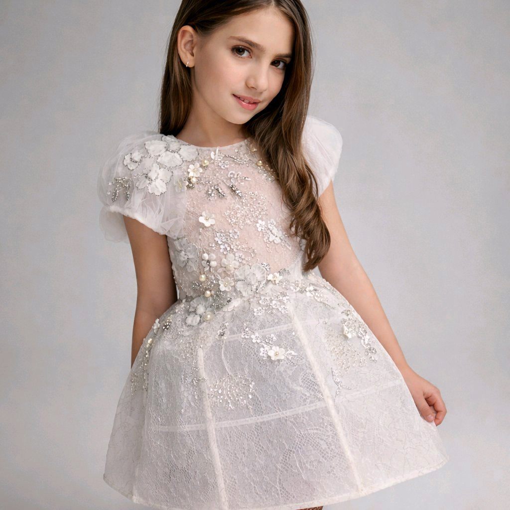 WHITE SIVER EMBROIDERED FLOWERGIRL DRESS