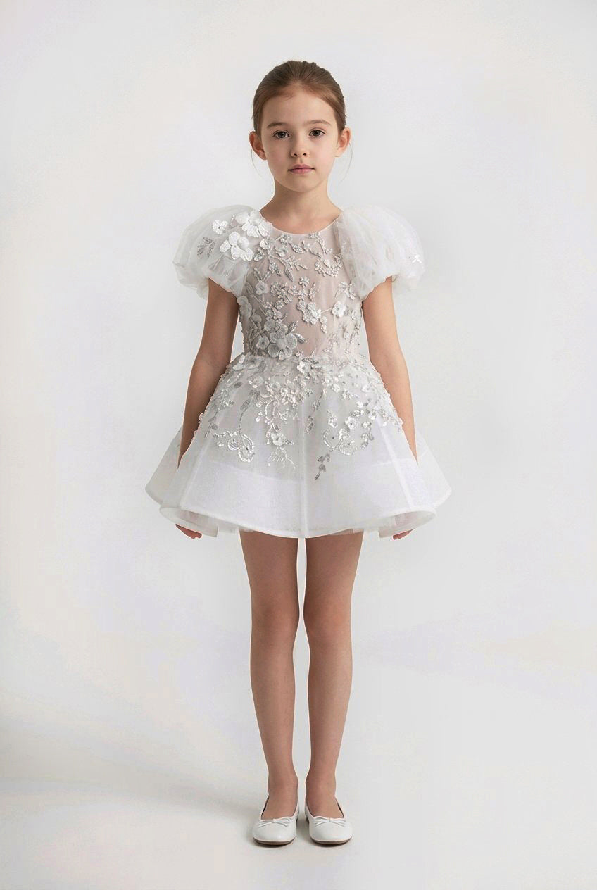 WHITE SIVER EMBROIDERED FLOWERGIRL DRESS