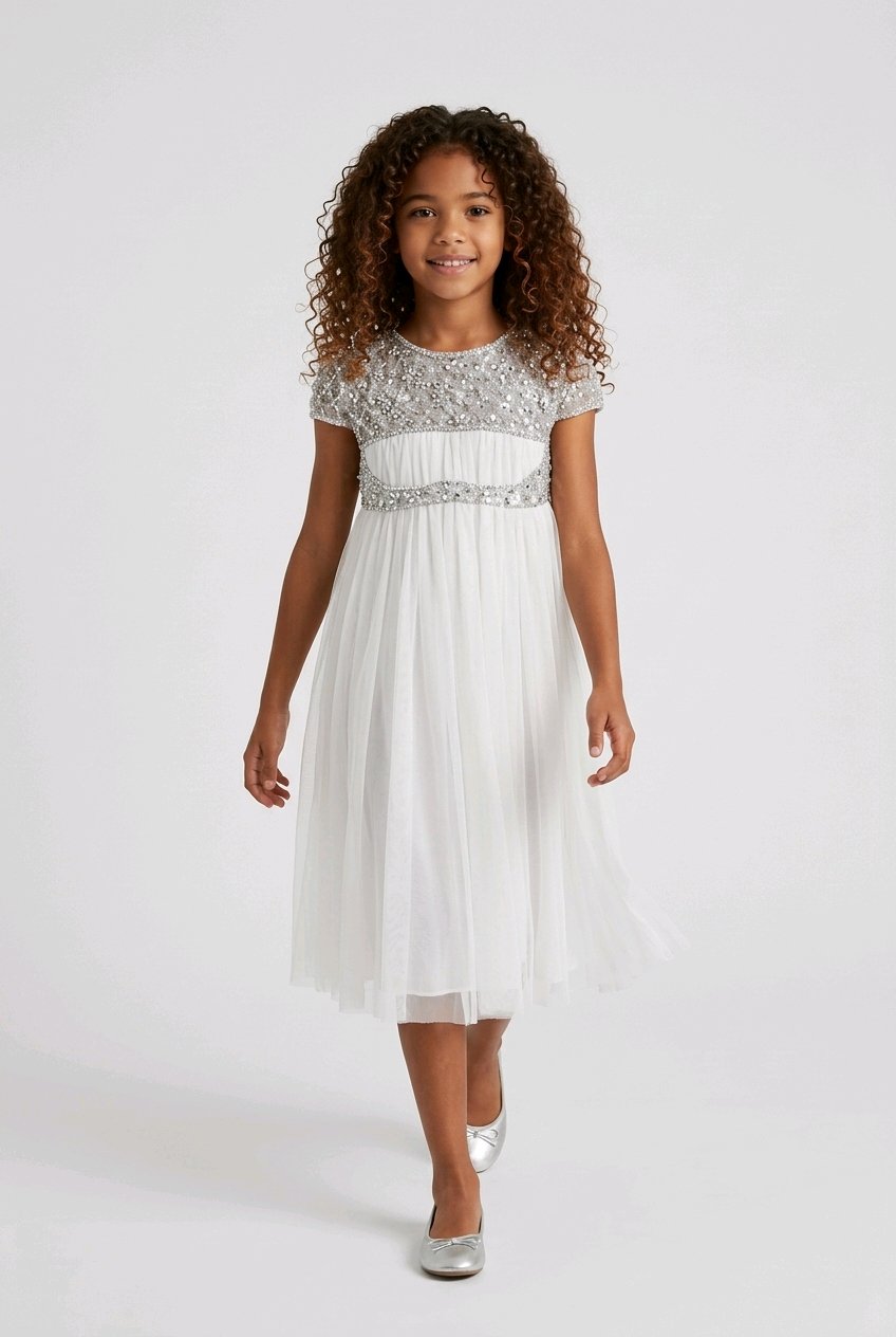 FLOWERGIRL WHITE SWAROWSKI SILVER EMBROIDERED WEDDING-BIRTHDAY DRESS