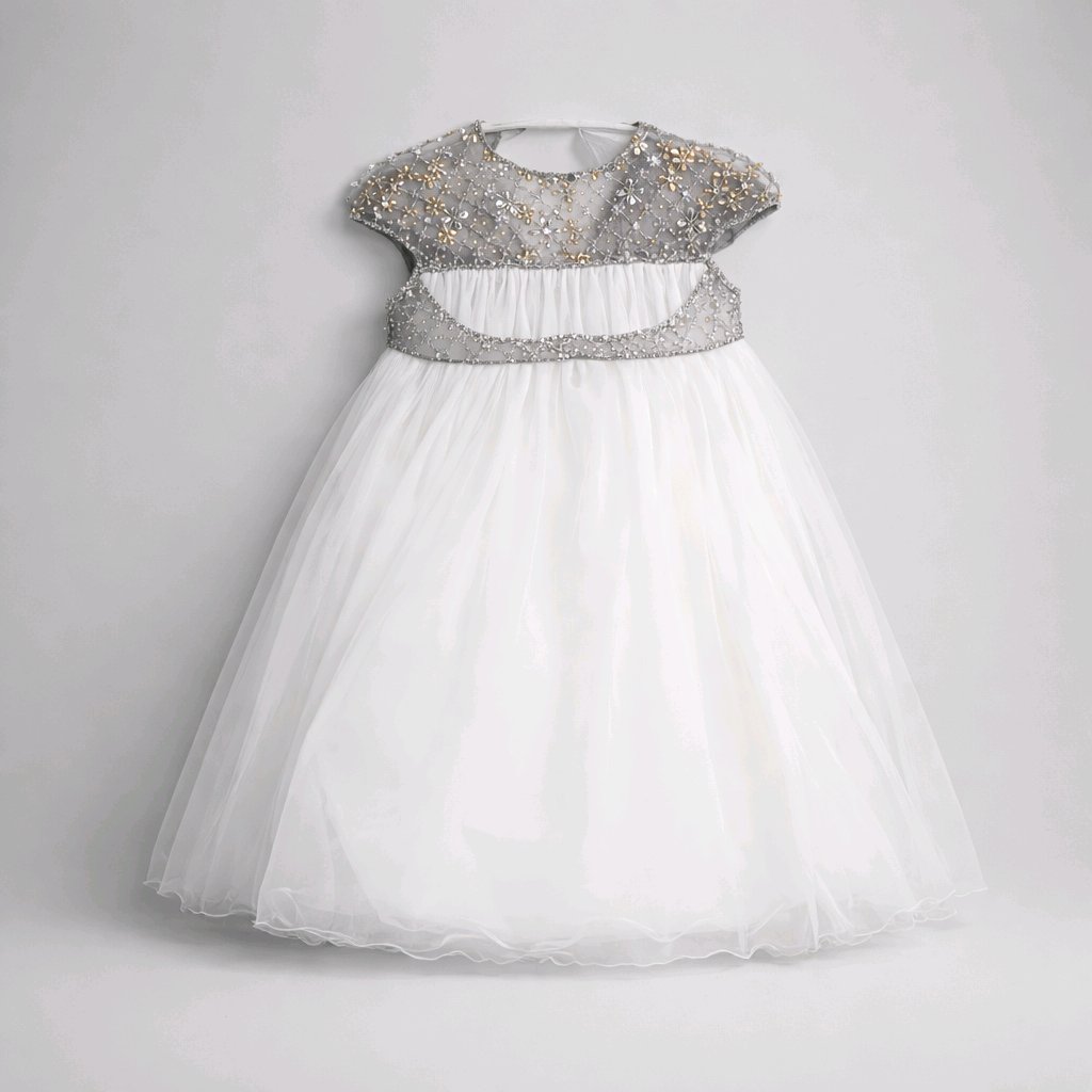 FLOWERGIRL WHITE SWAROWSKI SILVER EMBROIDERED WEDDING-BIRTHDAY DRESS