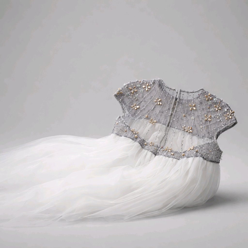 FLOWERGIRL WHITE SWAROWSKI SILVER EMBROIDERED WEDDING-BIRTHDAY DRESS