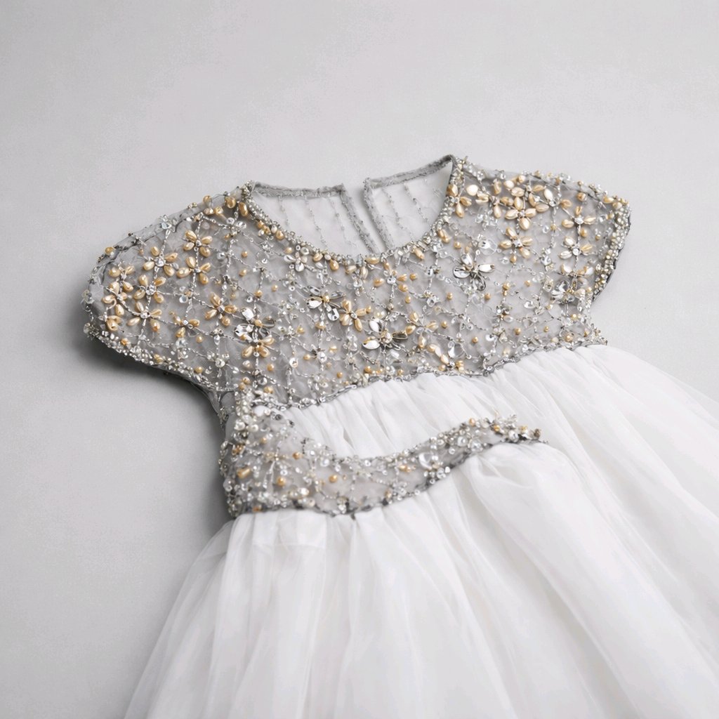 FLOWERGIRL WHITE SWAROWSKI SILVER EMBROIDERED WEDDING-BIRTHDAY DRESS