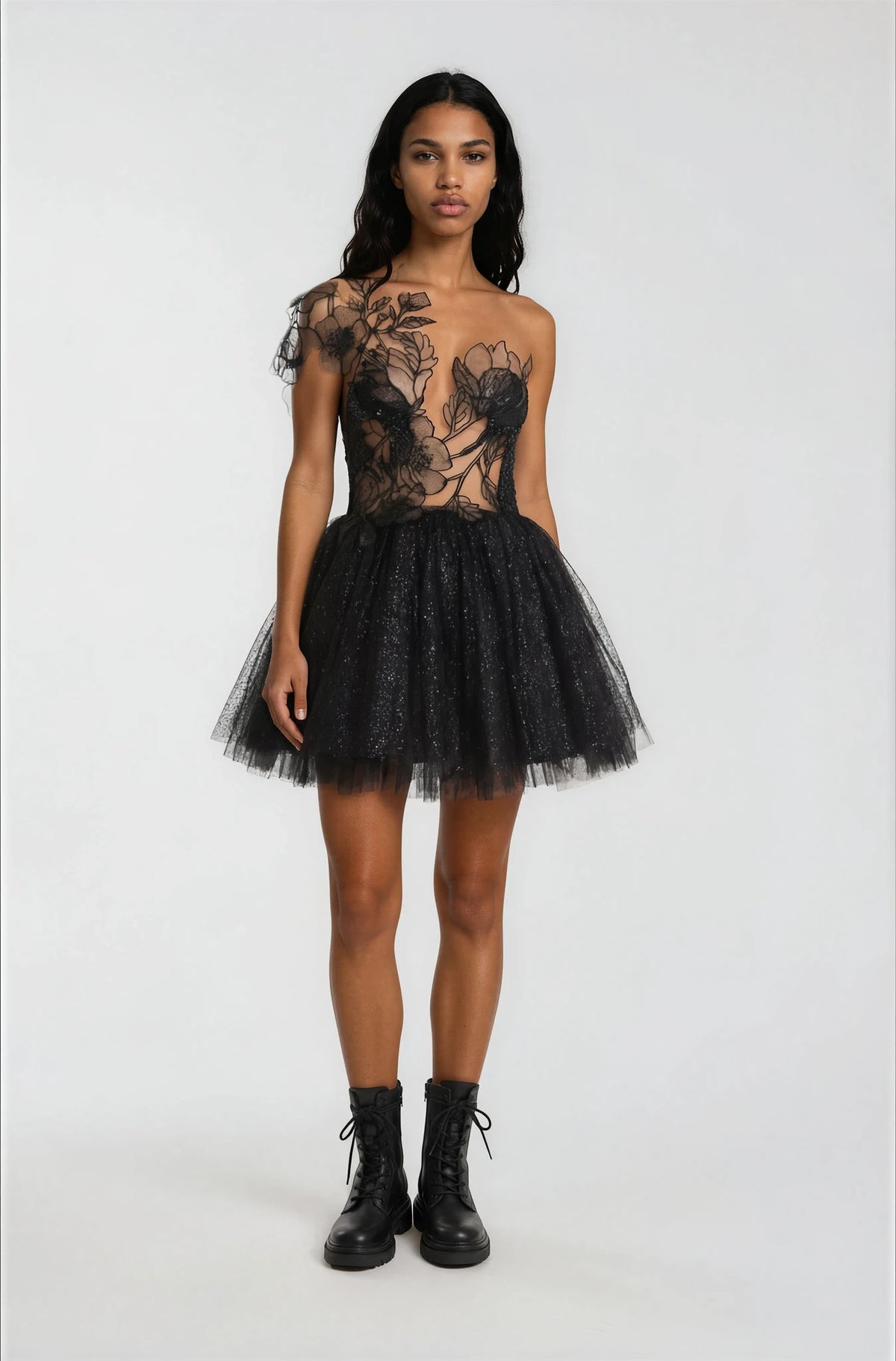 ONE SHOULDER EMBROIDERED BLACK MINI DRESS