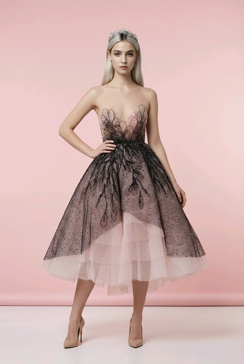 BLACK BLUSH EMBRIDERED LEAVES COCKTAIL DRESS