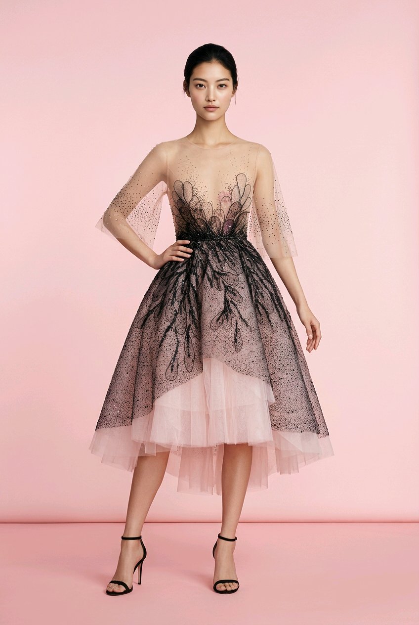 BLACK BLUSH EMBRIDERED LEAVES COCKTAIL DRESS