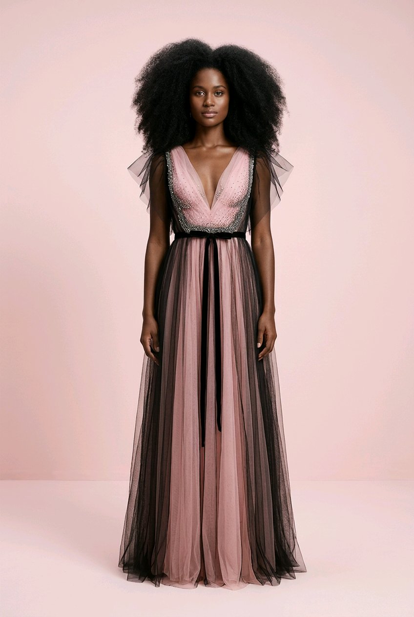 BLACK BLUSH TULLE V NECK  EVENT DRESS