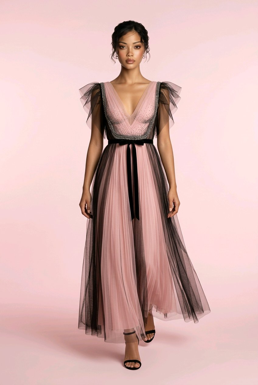 BLACK BLUSH TULLE V NECK  EVENT DRESS