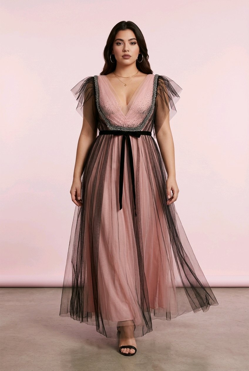 BLACK BLUSH TULLE V NECK  EVENT DRESS