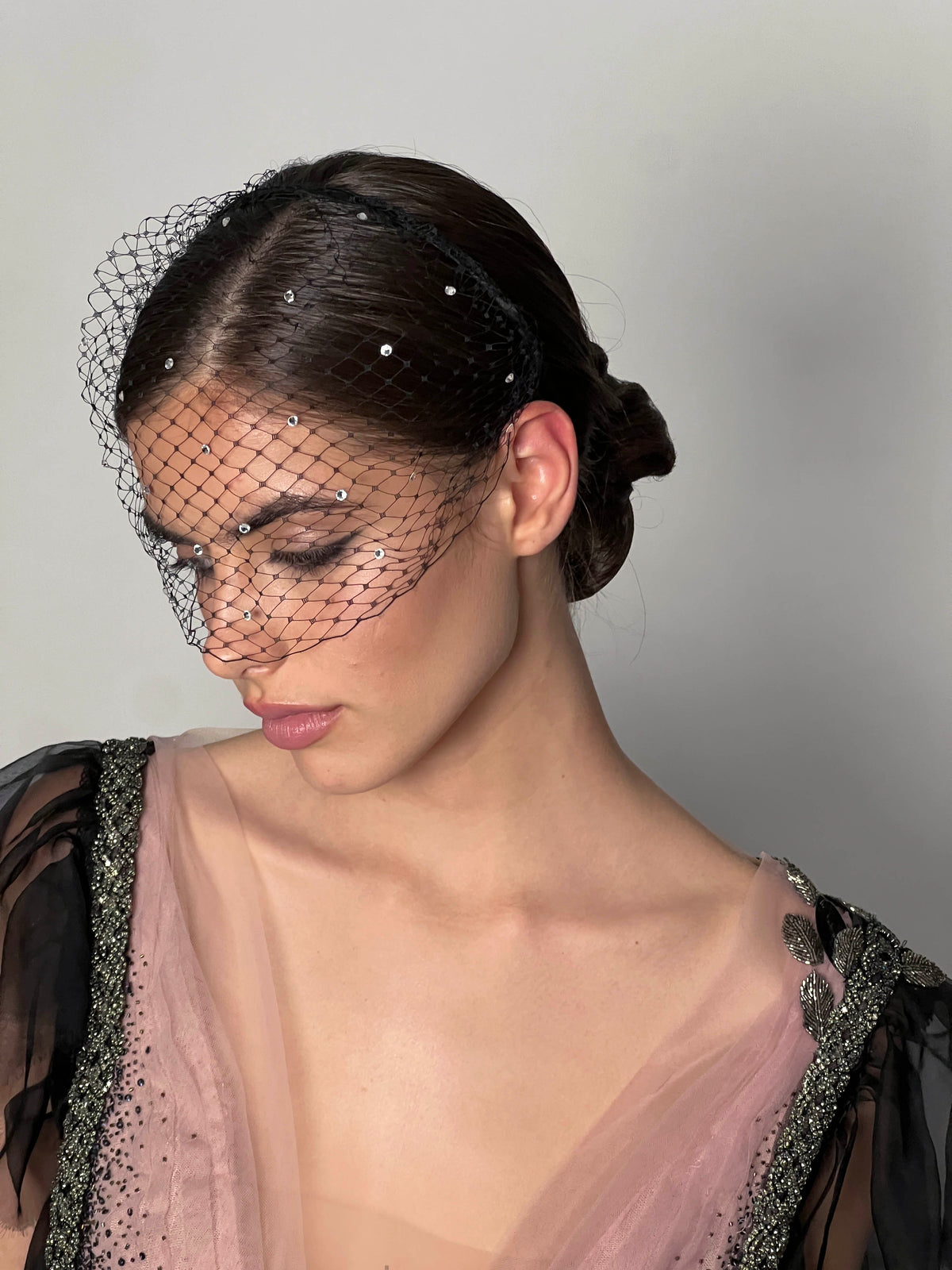 BLACK BLUSH TULLE V NECK  EVENT DRESS