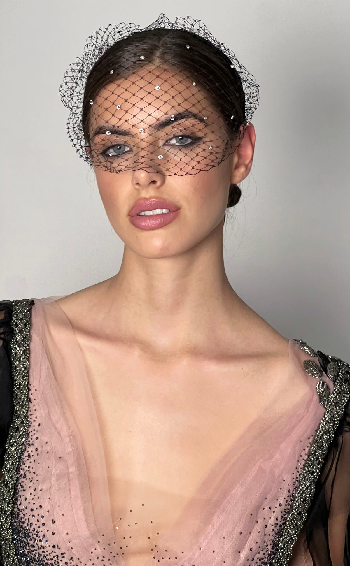 BLACK BLUSH TULLE V NECK  EVENT DRESS