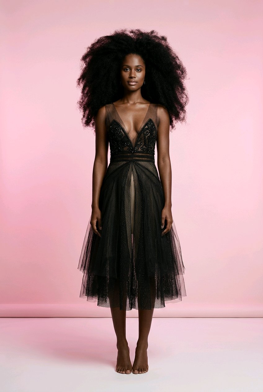 BLACK LACE TULLE MIDI COCKTAIL DRESS