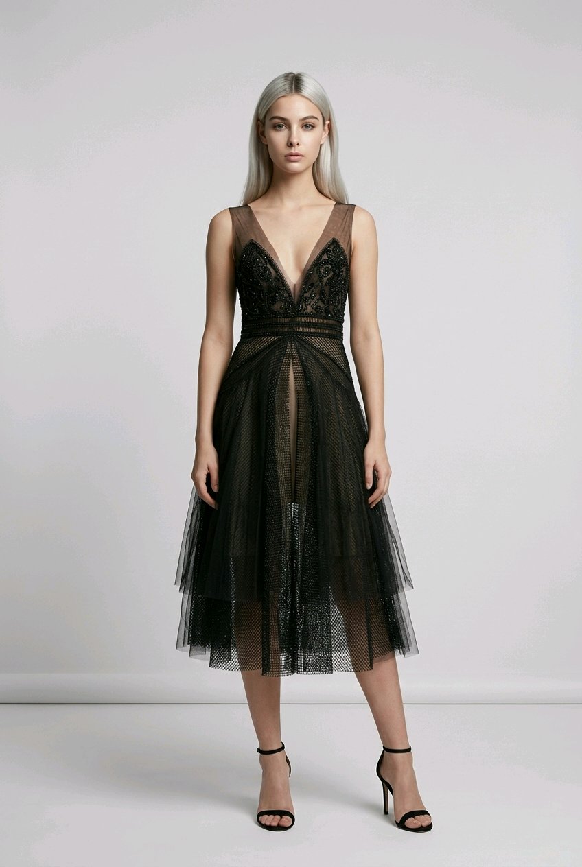 BLACK LACE TULLE MIDI COCKTAIL DRESS