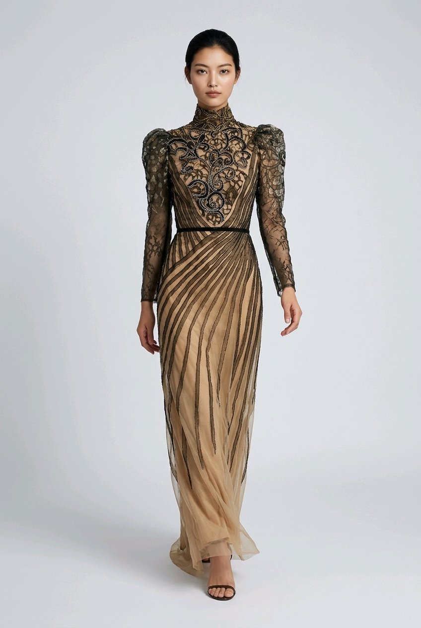 BLACK NUDE SILK ORGANZA EMBROIDERED COCKTAIL DRESS