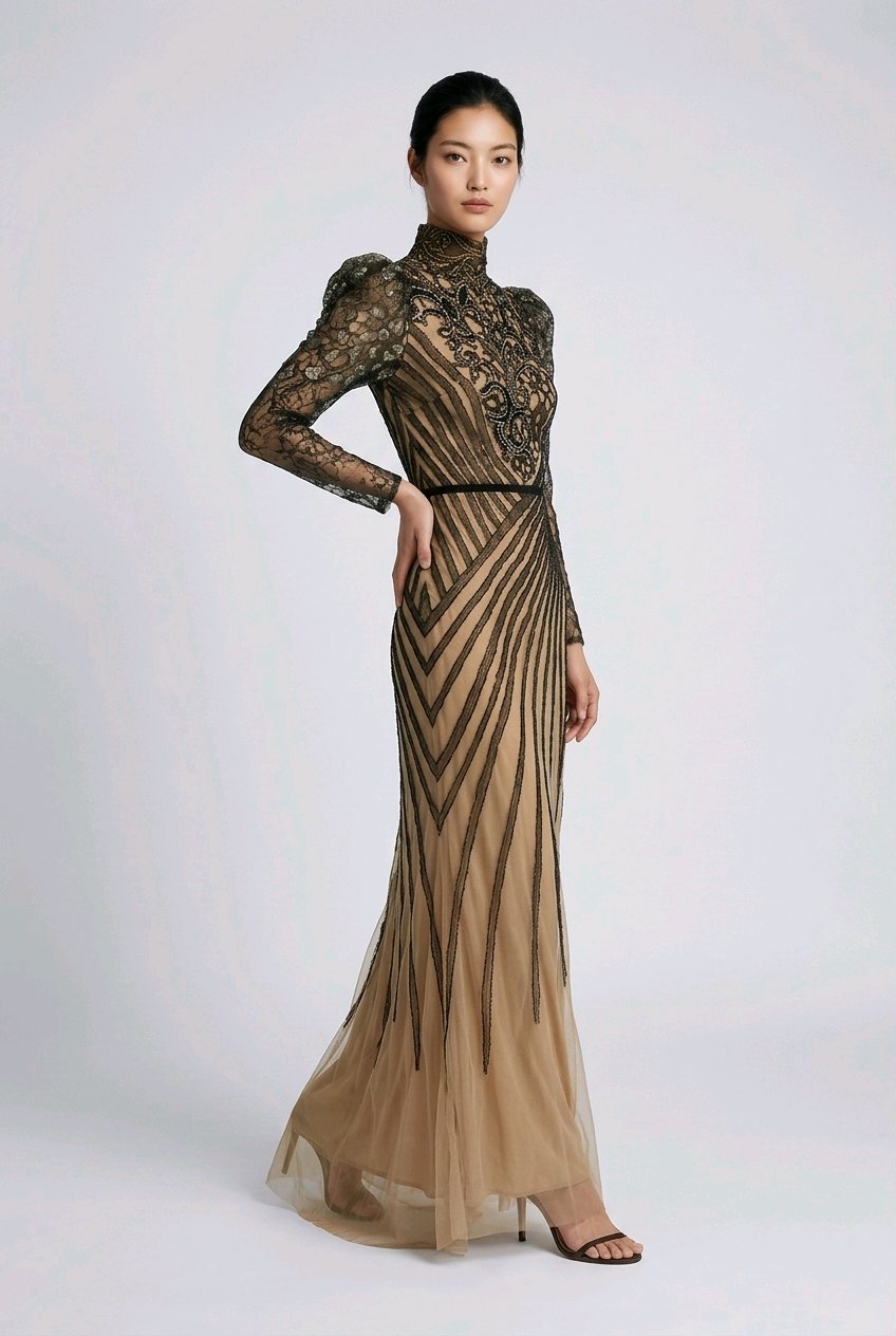 BLACK NUDE SILK ORGANZA EMBROIDERED COCKTAIL DRESS