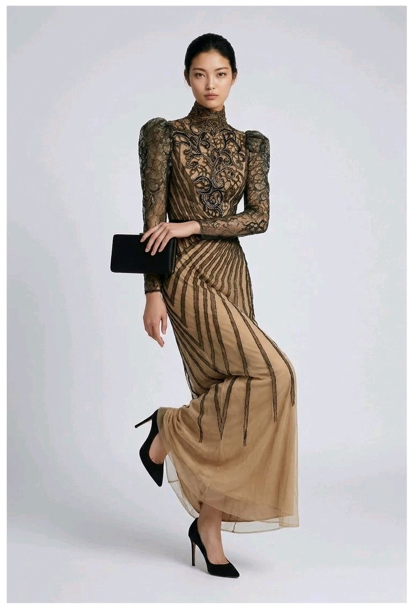 BLACK NUDE SILK ORGANZA EMBROIDERED COCKTAIL DRESS