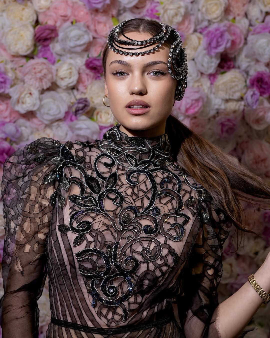 BLACK NUDE SILK ORGANZA EMBROIDERED COCKTAIL DRESS