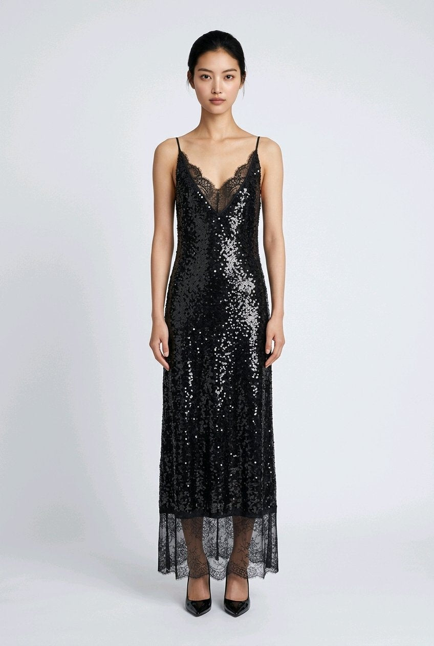 BLACK SEQUINS LACE EVENING COCKTAIL DRESS